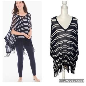 Zenergy Chico’s Rebekah Fringe Navy Striped Poncho Size Large XL - NWT
